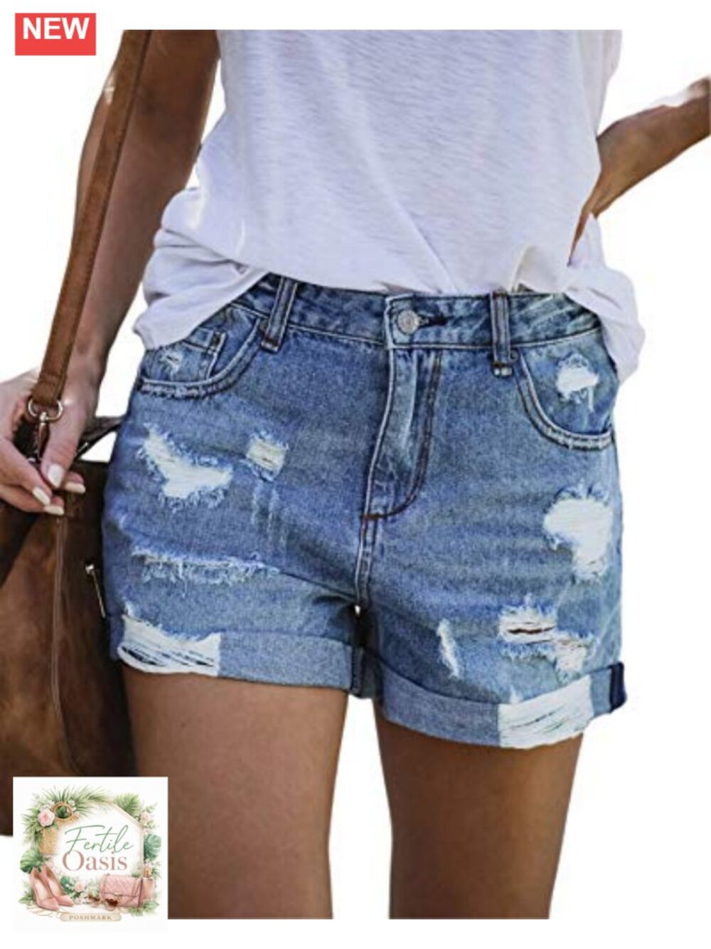 Women's Casual Stretchy Denim Shorts Ripped Mid Rise Folded Hem Jean Shorts